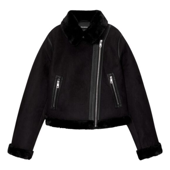 Pull & Bear Double-Faced Vegan Suede Jacket Black Faux Fur Lined Buckle Detail X - Picture 3 of 13